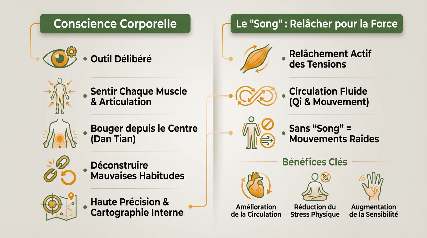 Pratiquant de Tai Chi illustrant la conscience corporelle et le relâchement musculaire