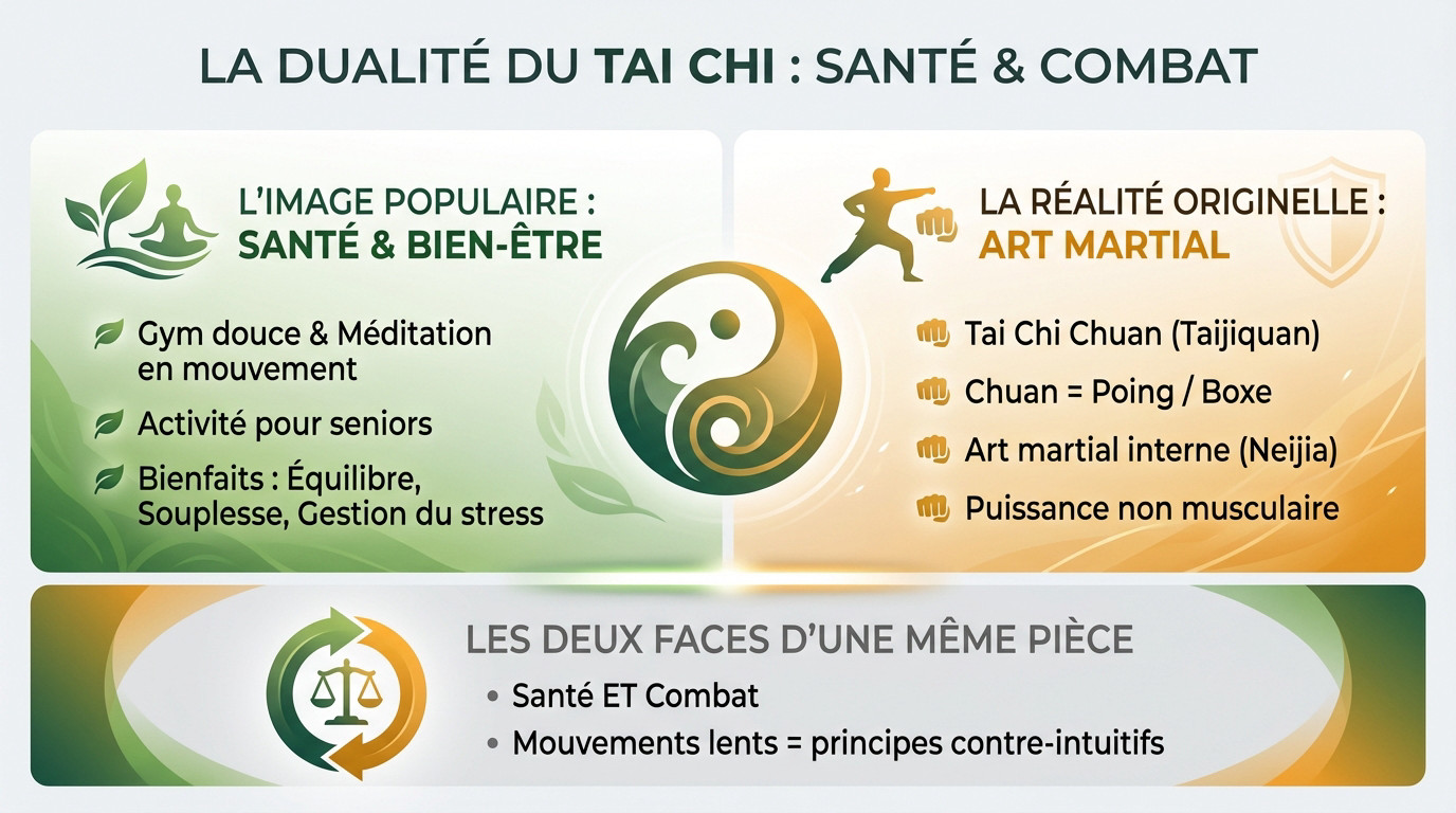 Illustration montrant la dualité du Tai Chi entre pratique de santé et art martial de combat