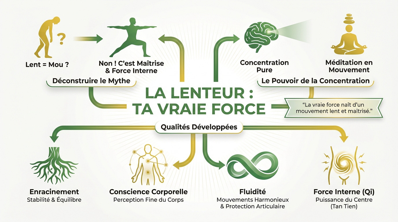 Les bienfaits du Tai Chi : 7 raisons de bouger lentement sans devenir mou 1 Pratiquant de Tai Chi exécutant un mouvement lent avec concentration et force interne