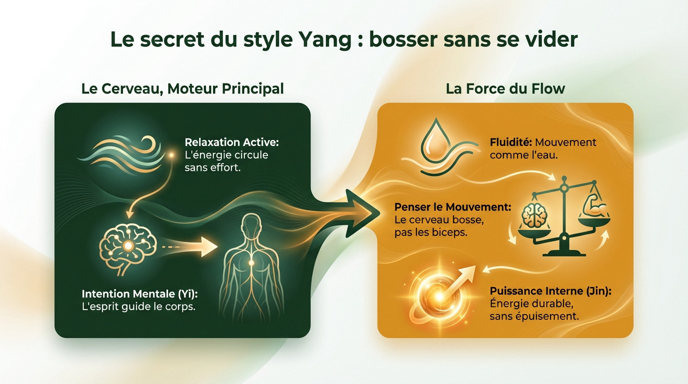 Pratiquant de Tai Chi style Yang illustrant la relaxation active et le mouvement fluide