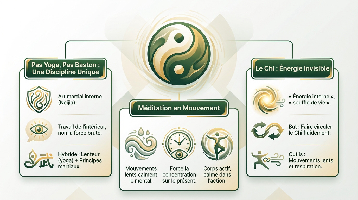 Infographie conceptuelle montrant l'essence hybride du Tai Chi entre art martial et méditation