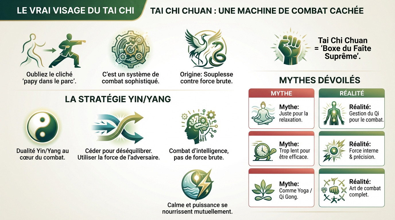 Pratiquant de Tai Chi Chuan démontrant une posture martiale puissante et calme