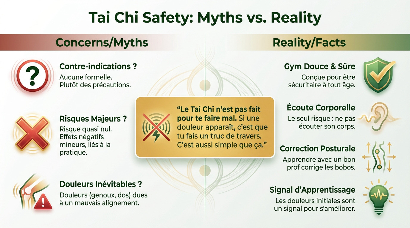 Tai Chi : les contre-indications que personne ne t’explique (et comment les éviter) 1 Comparaison entre les mythes sur la sécurité du Tai Chi et la réalité de la pratique
